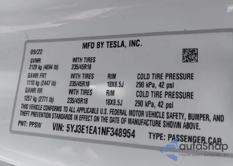 2022 Tesla Model 3 Rear-Wheel Drive из США, поврежденный, VIN 5YJ3E1EA1NF348954